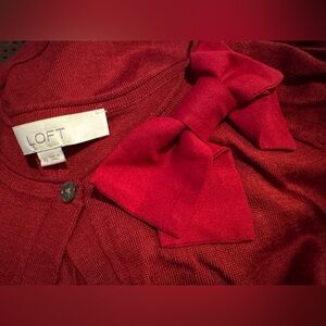LOFT Burgundy Cardigan with Bow Accent